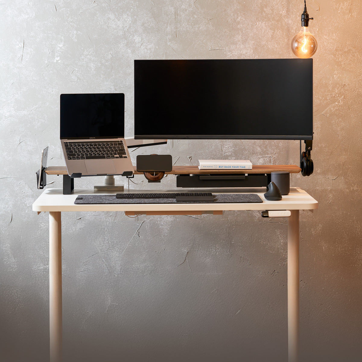 ULTRARM monitor arm and Moodular wooden monitor stand — modular, ergonomic, and designed for VISION ultrawide monitors. Enhances comfort, saves space, and elevates your workspace with precision craftsmanship.